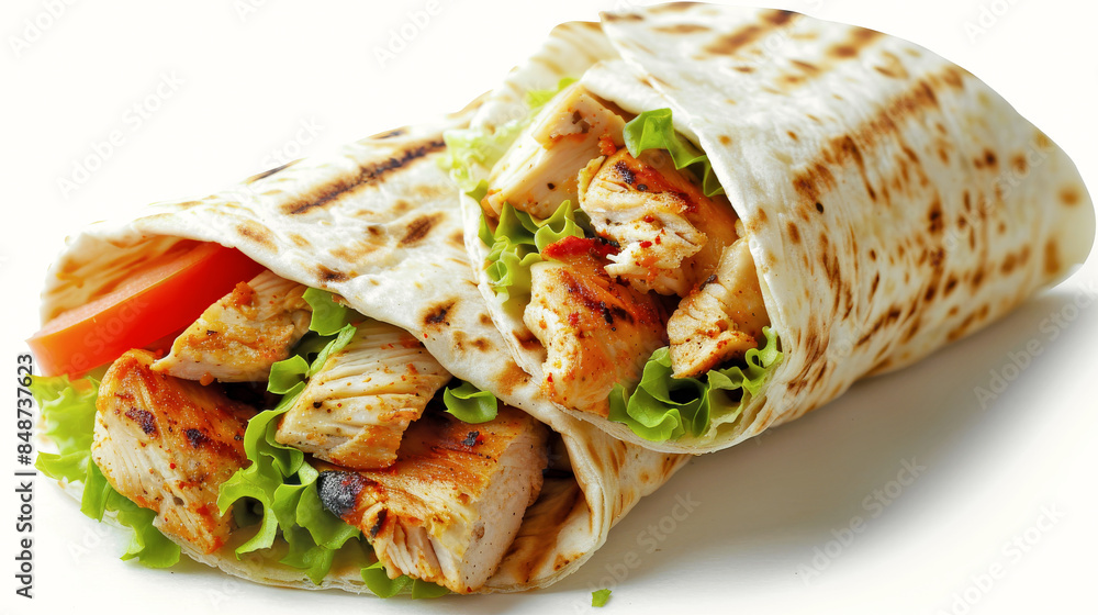 Two appetizing chicken wraps with lettuce and tomato lying on white surface Two appetizing chicken wraps with lettuce and tomato lying on white surface