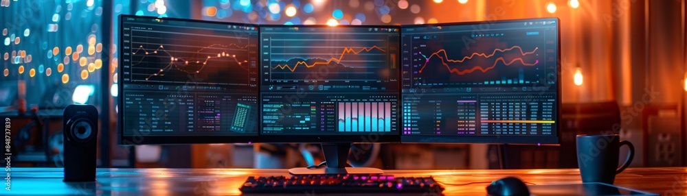 Computer monitor showing an abstract network monitoring dashboard with real-time data analytics, graphs, and system health indicators, framed in an editorial photography style Computer monitor showing an abstract network monitoring dashboard with real-time data analytics, graphs, and system health indicators, framed in an editorial photography style