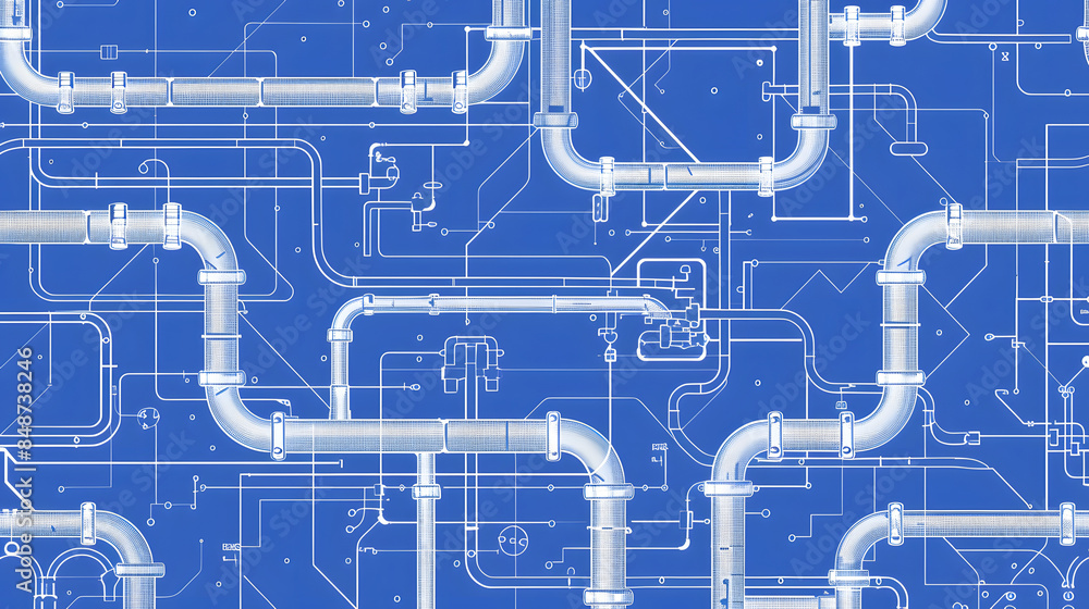 Horizontal industrial seamless pattern. white piping on Blue background. pipes for water, gas, oil. Vector illustration in line art style Horizontal industrial seamless pattern. white piping on Blue background. pipes for water, gas, oil. Vector illustration in line art style