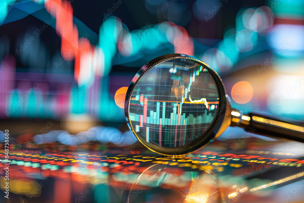 Magnifying glass on stock market charts and financial graphics for analysis Magnifying glass on stock market charts and financial graphics for analysis