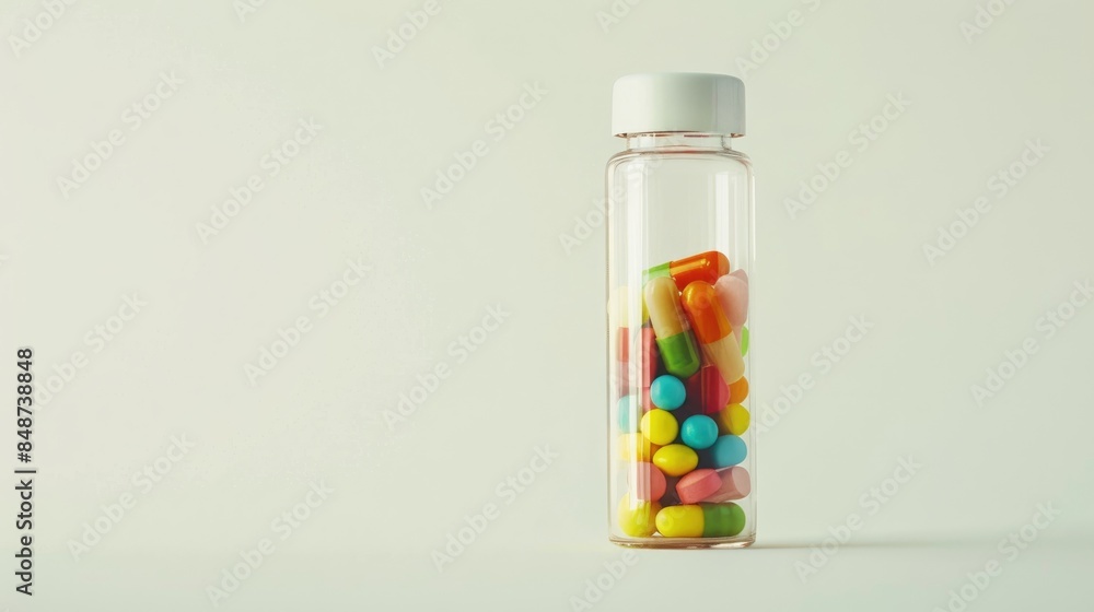 Colorful pills in glass vial White background with space for text Colorful pills in glass vial White background with space for text