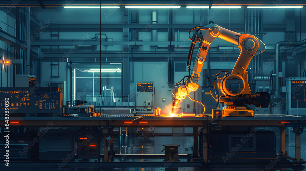 illustration of robotic arm welding with glowing light in empty dark room in industrial building of factory illustration of robotic arm welding with glowing light in empty dark room in industrial building of factory