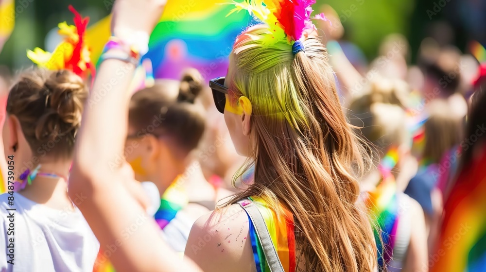 Happy woman in Rainbow Clothing Celebrating LGBTQ+ Pride Month with Vibrant Colors and Festive Atmosphere. Celebration Embracing Diversity, Love, and Equality. Pride month LGBTQ+ inclusion concept Happy woman in Rainbow Clothing Celebrating LGBTQ+ Pride Month with Vibrant Colors and Festive Atmosphere. Celebration Embracing Diversity, Love, and Equality. Pride month LGBTQ+ inclusion concept