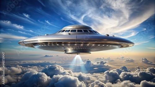 Futuristic silver UFO spacecraft hovering in the sky, alien, extraterrestrial, flying saucer, space, unidentified photo