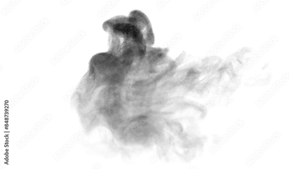 Black steam smoke floating on a white background. Black steam smoke floating on a white background.