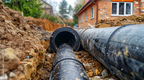 installation of a sewage plastic pipe during the construction of a house