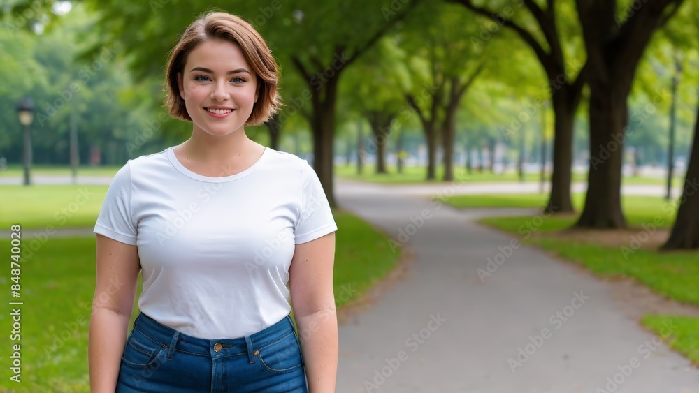 Plus size young woman with short hair wearing white t-shirt and blue jeans standing in the park Plus size young woman with short hair wearing white t-shirt and blue jeans standing in the park