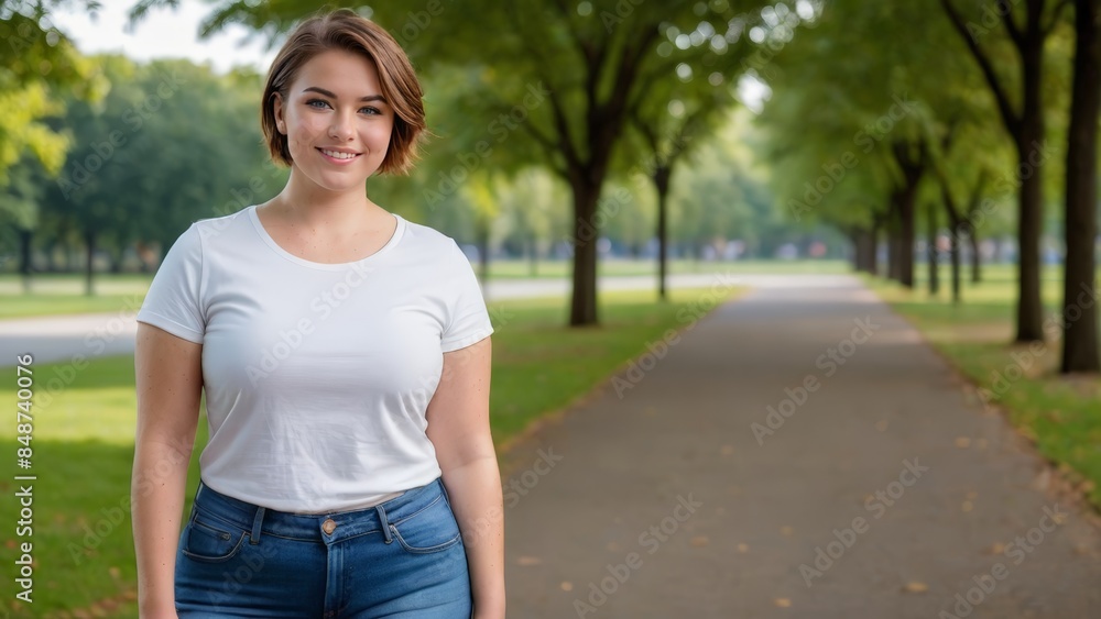 Plus size young woman with short hair wearing white t-shirt and blue jeans standing in the park Plus size young woman with short hair wearing white t-shirt and blue jeans standing in the park