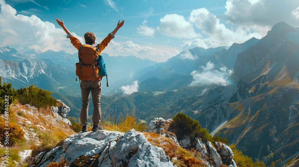 Obraz premium Hiker Celebrates Reaching Mountain Summit with Arms Raised in Triumph Overlooking Expansive Landscape