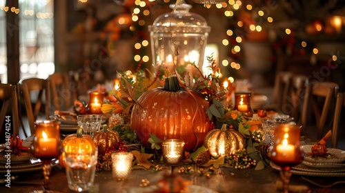 Thanksgiving - Pumpkins On Rustic Table With Candles And String Lights.  © Farid