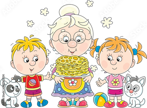 Funny grandma with a dish of traditional hot pancakes for her happy little grandson and granddaughter with their puppy and kitten, vector cartoon illustration on a white background