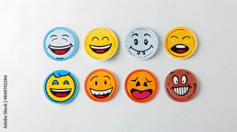 Colorful smiley face emoticons in rows on white, showcasing a range of emotions. Colorful smiley face emoticons in rows on white, showcasing a range of emotions.