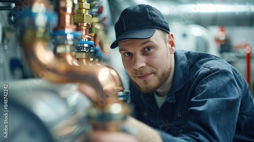 Wallpaper Mural An illustration of a plumbing service concept showing a water worker with a copper pipeline in a technical room, along with boilers, expansion tanks, and pressure gauges Torontodigital.ca