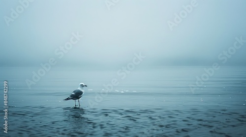 Lonely seagull perched by the ocean on a dismal day