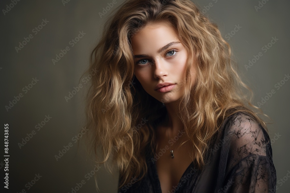 A woman with long brown hair and a necklace is sitting in front of a wall A woman with long brown hair and a necklace is sitting in front of a wall