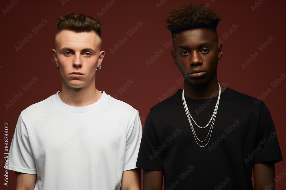 Two men are standing next to each other, one wearing a white shirt Two men are standing next to each other, one wearing a white shirt