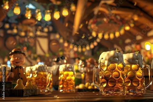 3d illustration of a festive Oktoberfest celebration with beer steins and traditional Bavarian outfits, created by ai