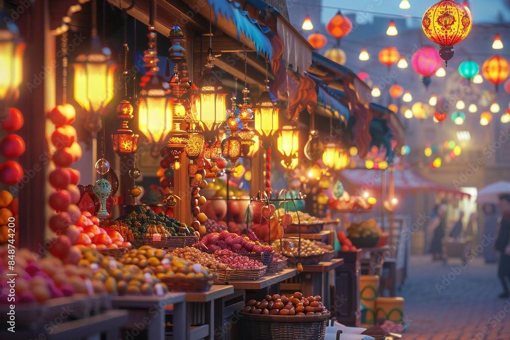 Obraz premium Close up of a vibrant market during Ramadan with lanterns and stalls selling dates and sweets, created by ai