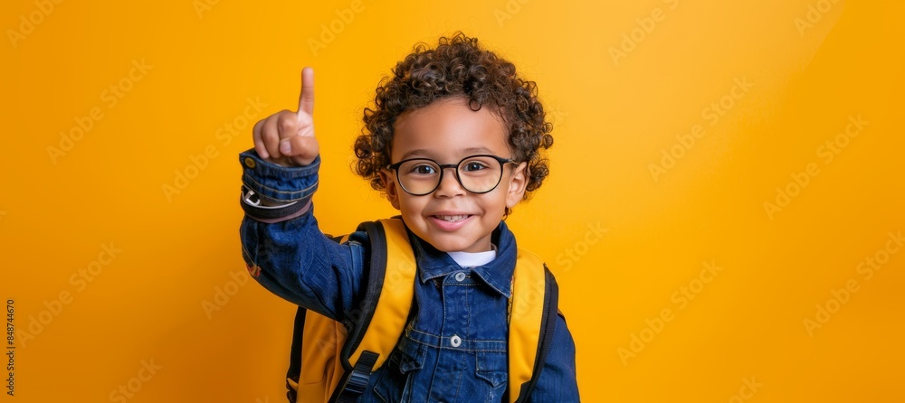 Smiling african schoolboy with curly hair, backpack, glasses points up on colorful background Smiling african schoolboy with curly hair, backpack, glasses points up on colorful background