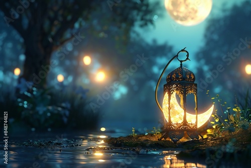 Close up  of a crescent moon and star lantern glowing softly in a peaceful night setting , created by ai