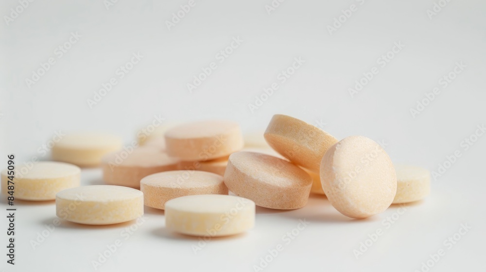 Herbal lozenges for cough and throat relief on white background Pink beige tablets Close up with soft focus Text space available Herbal lozenges for cough and throat relief on white background Pink beige tablets Close up with soft focus Text space available