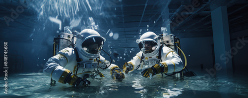Two Astronauts Training In A Water Tank Simulation photo