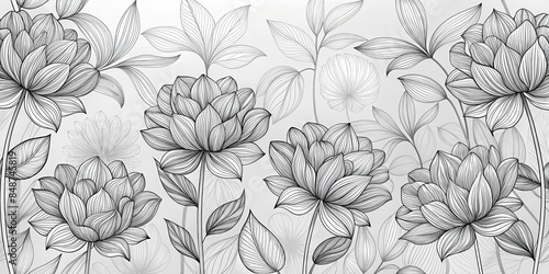 Monochrome floral s with delicate outline drawings , floral, monochrome, black and white, line art, botanical