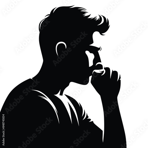 Black silhouette profile of a man coughing into his hand