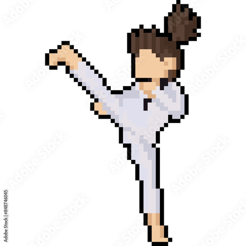 Pixel art cartoon taekwondo girl character kicking compose