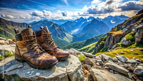 Hiking boots on rocky terrain with a beautiful mountain view, hiking, boots, rocks, nature, outdoor, adventure, trekking photo
