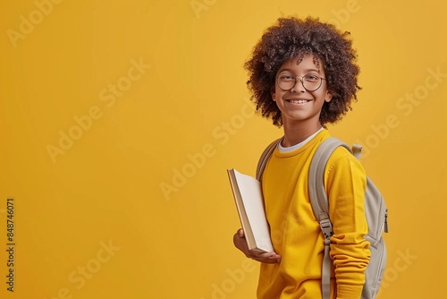 Cheerful african student with curly hair, backpack, glasses, and book on colorful background