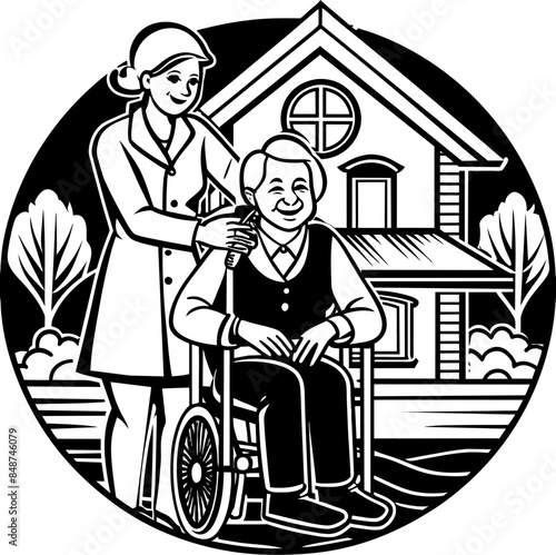Vektor Logo - Pflege im Alter - Alter Mann im Rollstuhl - Pflegeheim - Design Grafik Element