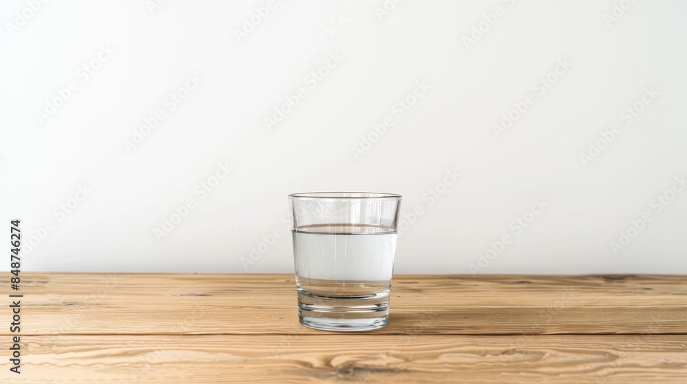 Glass of water on wooden table against white background Glass of water on wooden table against white background