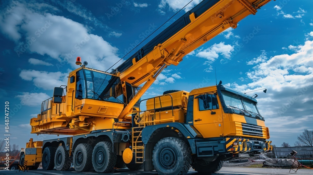 An automobile crane with a telescopic boom is set outdoor under a blue sky An automobile crane with a telescopic boom is set outdoor under a blue sky