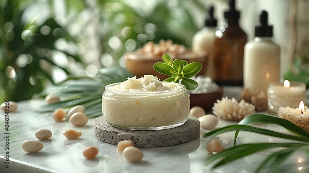 Shea butter skincare products displayed on a marble surface with green leaves and small stones. Shea butter skincare products displayed on a marble surface with green leaves and small stones.