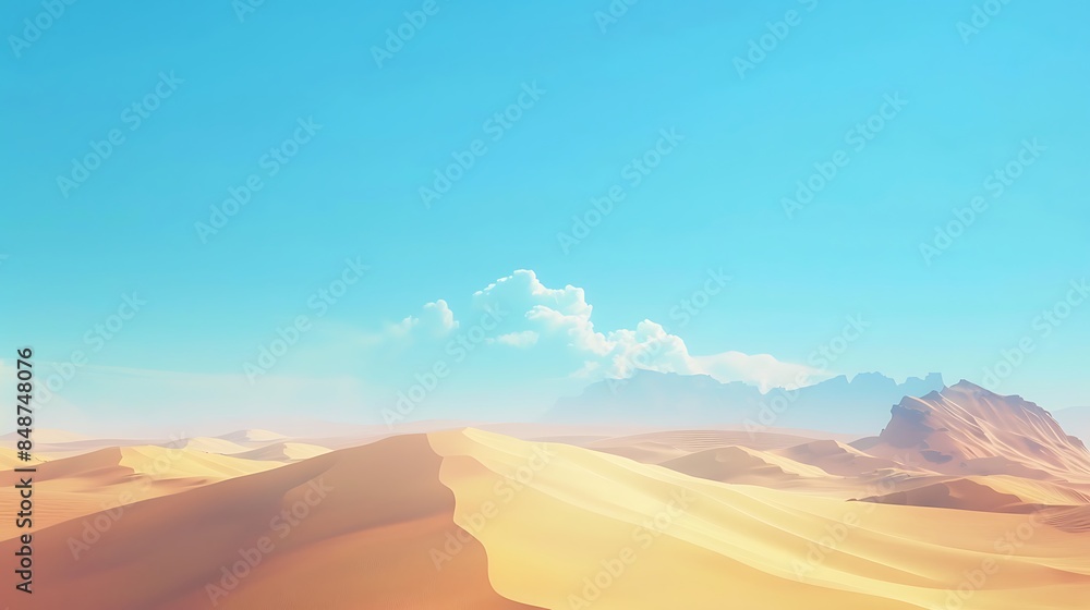 A vast desert landscape with sand dunes and clear blue sky A vast desert landscape with sand dunes and clear blue sky