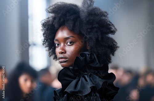 a model and curly hair walks the runway in an avantgarde black dress with ruffles, on her neck is silver jewelry made of metal rings photo
