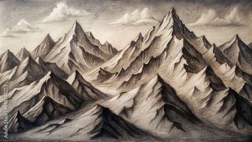 Charcoal sketch of mountains with intricate shading and detail, mountains, charcoal, sketch, drawing, art, nature photo