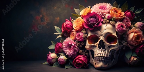 Beautiful Halloween skull with decorated peonies and roses flowers, skull, Halloween, beautiful, decorated, peonies © rattinan