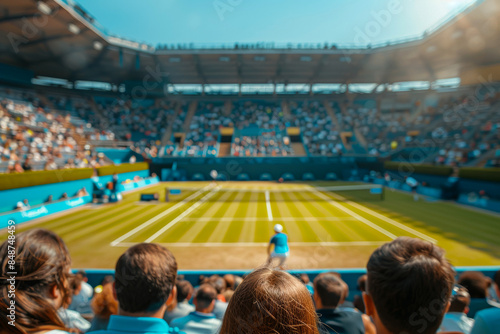 Spectators watching an intense tennis match in a packed stadium on a sunny day. © Mirador