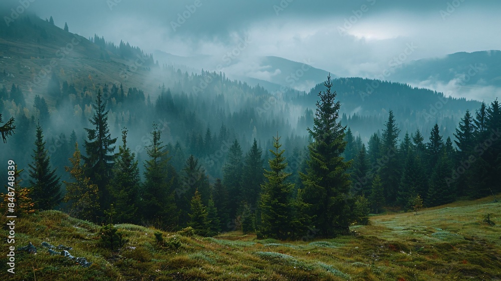 Obraz premium Misty mountain scenery in the Carpathian Range of Ukraine.