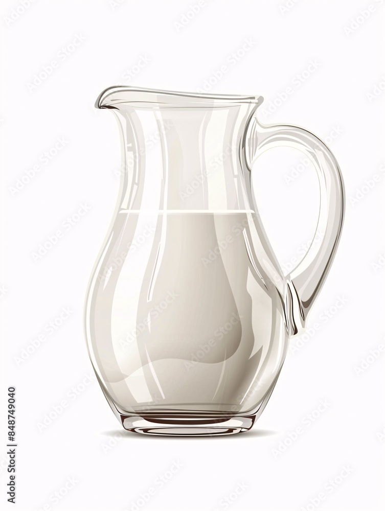 Clear glass pitcher filled with farm-fresh milk, standing alone on a white background. Clear glass pitcher filled with farm-fresh milk, standing alone on a white background.