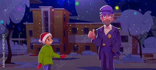 Kid boy in Christmas Santa hat and police officer with thumbs up hand gesture standing on yard in front of closed school building at winter night. Cartoon vector guard and protection in city.