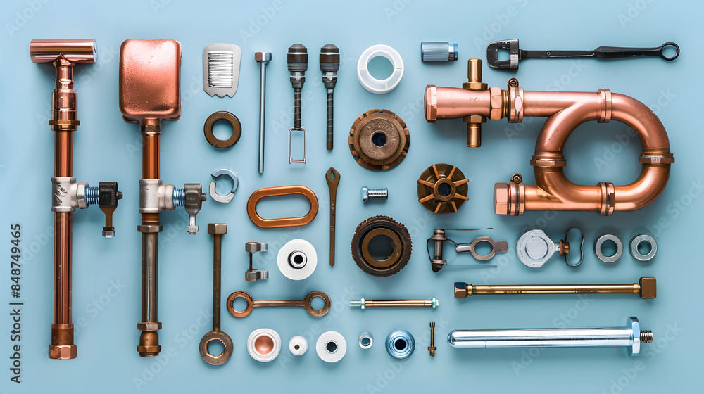 Obraz premium Plumbing tools and equipment overhead view on a blue background