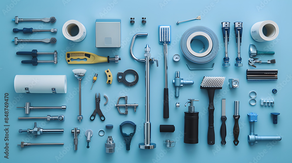 Plumbing tools and equipment overhead view on a blue background Plumbing tools and equipment overhead view on a blue background