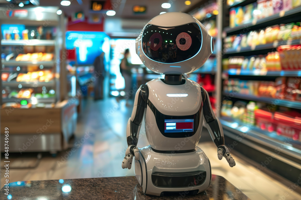 Robot cashier standing in modern grocery store aisle Robot cashier standing in modern grocery store aisle