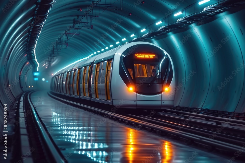 Frontal view of a modern metro wagon. Train into a neon-lit arched tunnel of the underground subway. Frontal view of a modern metro wagon. Train into a neon-lit arched tunnel of the underground subway.