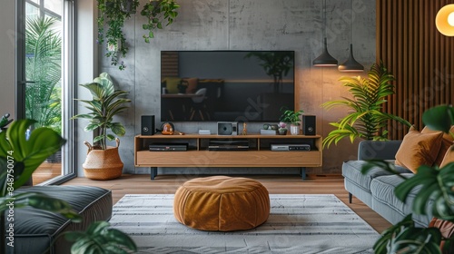 Contemporary Home Entertainment Space. A modern living room design featuring a TV, sleek entertainment unit, and decorative plants for a relaxing ambiance. Home Entertainment concept