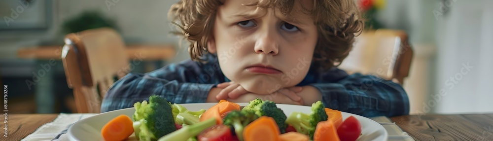 Unhappy Young Boy Pushing Away Healthy Meal of Vegetables Unhappy Young Boy Pushing Away Healthy Meal of Vegetables