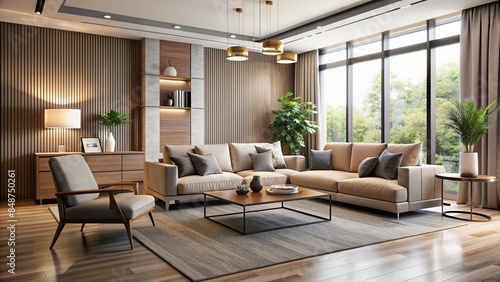 Stylish modern living room with sleek furniture and neutral color palette, modern, living room, interior, stylish © rattinan